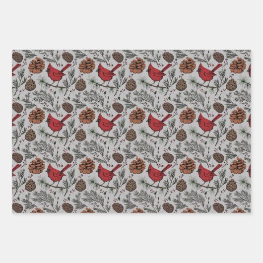 Farbenfrohe Winter Roter Kardinal & Pine Cones Geschenkpapier Set (Vorderseite 3)