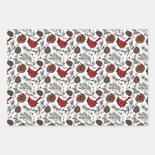 Farbenfrohe Winter Roter Kardinal & Pine Cones Geschenkpapier Set (Vorderseite 2)