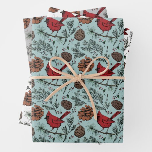 Farbenfrohe Winter Roter Kardinal & Pine Cones Geschenkpapier Set (Beispiel)