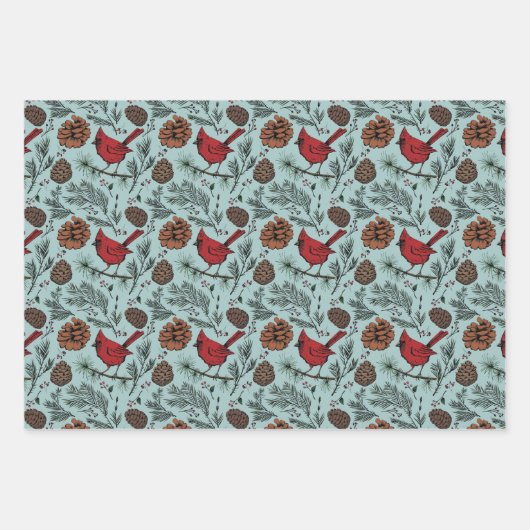 Farbenfrohe Winter Roter Kardinal & Pine Cones Geschenkpapier Set (Vorderseite)