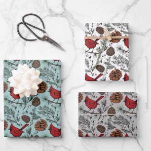Farbenfrohe Winter Roter Kardinal & Pine Cones Geschenkpapier Set