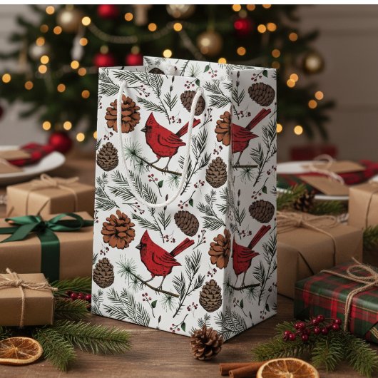 Farbenfrohe Winter Roter Kardinal & Pine Cones Kleine Geschenktüte