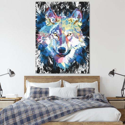 Farbenfrohe Wolf Canvas Print | Wolf Head Art Prin Leinwanddruck (Insitu (Schlafzimmer))