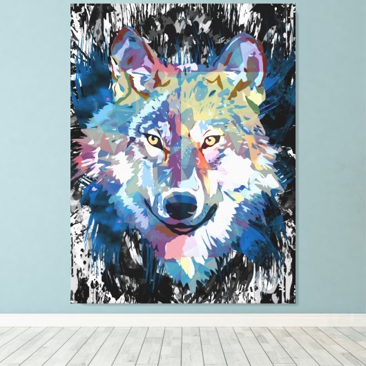 Farbenfrohe Wolf Canvas Print | Wolf Head Art Prin Leinwanddruck (Insitu (Holzboden))