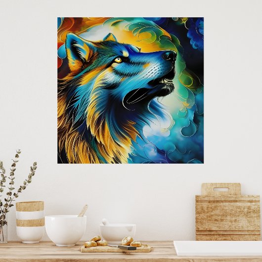 Farbenfrohe Wolf Howl Poster (Küche)