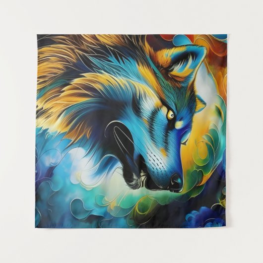 Farbenfrohe Wolf Howl Wandteppich (Vorderseite (Horizontal))