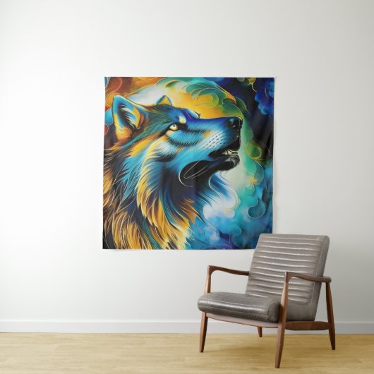 Farbenfrohe Wolf Howl Wandteppich (Beispiel)