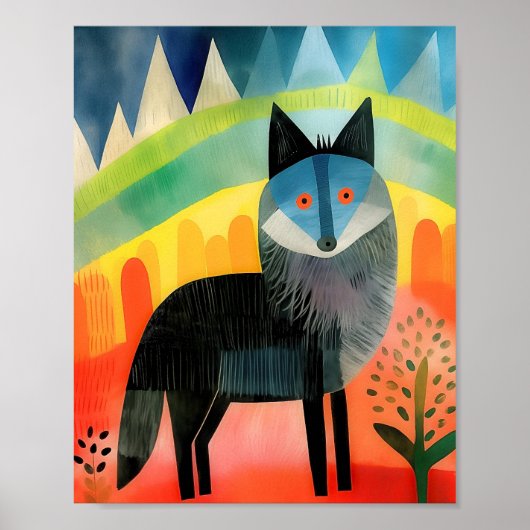 Farbenfrohe Wolf Kinderzimmer Art Poster (Vorne)