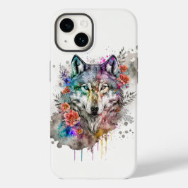 Farbenfrohe Wolf und Florals Wasserfarbe Natur Case-Mate iPhone 14 Hülle
