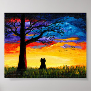 Farbenfrohe Wolken Landschaft Tree Schwarze Katze Poster