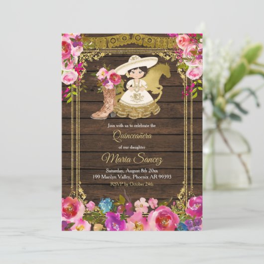 Farbenfrohe Wood Charra Mis Quince Party Einladung (Stehend Vorderseite)