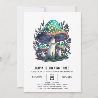 Farbenfrohe Woodland Digital Mushroom Geburtstag Einladung