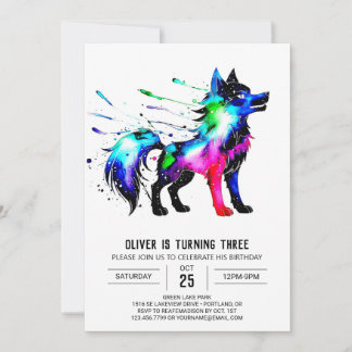 Farbenfrohe Woodland Wolf Digital Boy Geburtstag Einladung