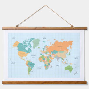Farbenfrohe World Map Wood Topped Wall Tapestes Wandteppich Mit Holzrahmen