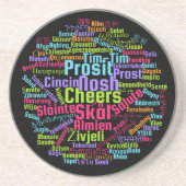 Farbenfrohe Wortkunst jubelt in vielen Sprachen Getränkeuntersetzer (Vorne)