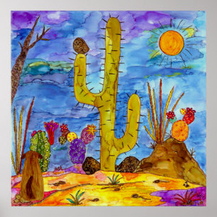 Farbenfrohe Wüstenkaktus Morning Dog Poster 32"x32