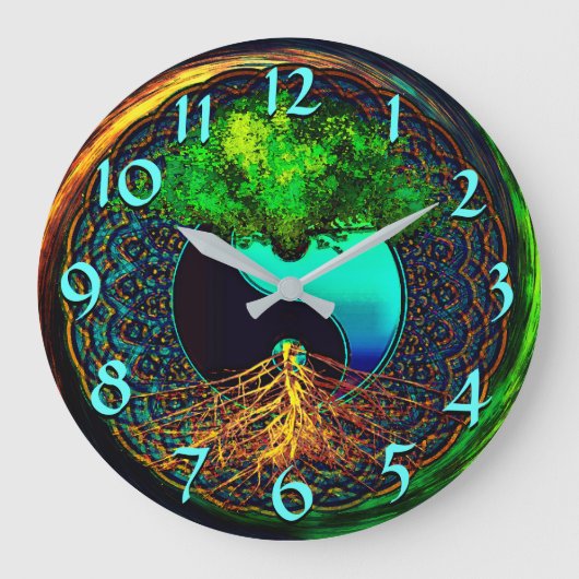 Farbenfrohe Yin Yang mit Baum des Lebens Große Wanduhr (Vorderseite)