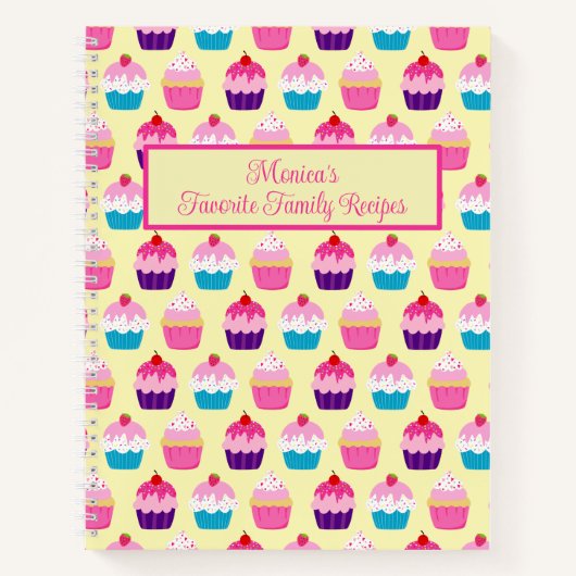 Farbenfrohe Yummy Cupcakes-Muster auf gelbem Noteb Notizblock (Vorderseite)