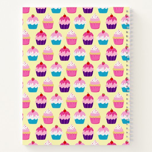 Farbenfrohe Yummy Cupcakes-Muster auf gelbem Noteb Notizblock (Rückseite)