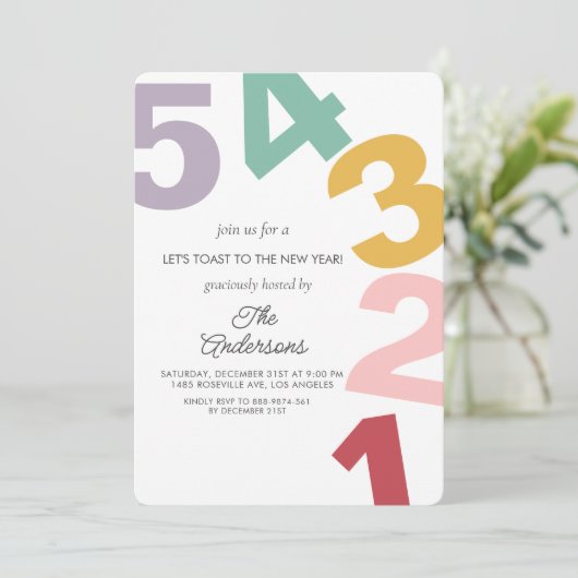 Farbenfrohe Zahl Neujahr je Party Einladung (Stehend Vorderseite)
