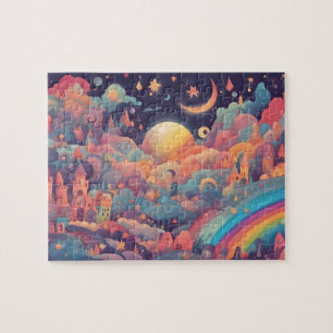 Farbenfrohe Zauberwelt mit Mond und Regenbogen Puzzle