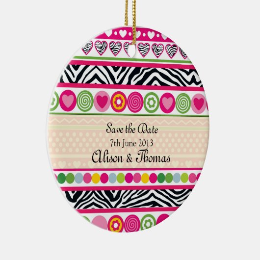Farbenfrohe Zebraherzen "Save the Date" Ornament (Rechts)
