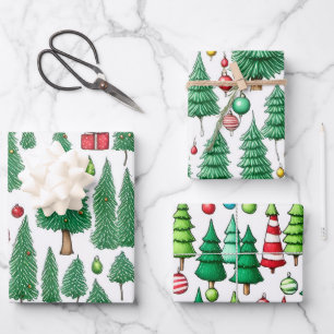 Farbenfrohe Zeichnungen Weihnachtsbaum Geschenkpapier Set