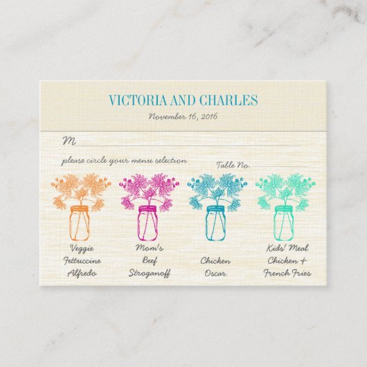 Farbenfrohe Zinnia Mason Jar Wild Blume Wedding Platzkarte (Vorderseite)