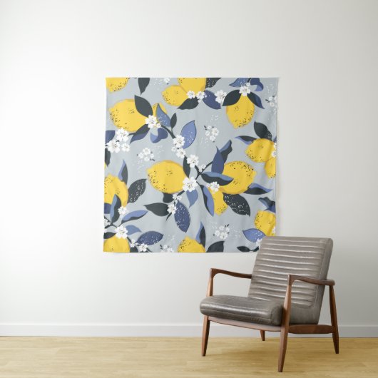 Farbenfrohe Zitronen: Zitrusblumenmuster Wandteppich (Beispiel (Horizontal))