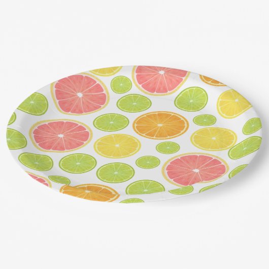 Farbenfrohe Zitrusscheiben Pappteller (Schrägansicht)