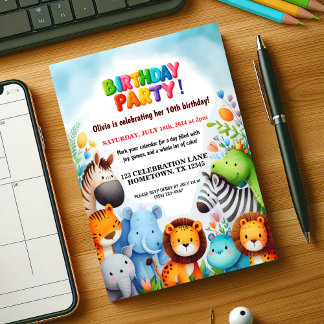 Farbenfrohe Zootiere Einladung zur Geburtstagsfeie