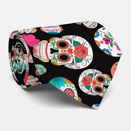 Farbenfrohe Zuckerkulpen Muster auf schwarz Krawatte (Gerollt)