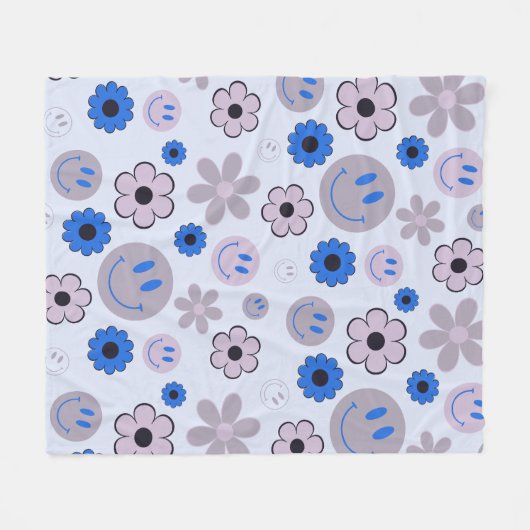 Farbenfroher 70er Groovy Blume Smile Face Pattern Fleecedecke (Vorderseite (Horizontal))