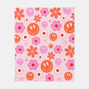 Farbenfroher 70er Groovy Blume Smile Face Pattern Fleecedecke