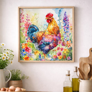 Farbenfroher Aquarell-Hahn-Farmhouse-Blumenmotiv Poster