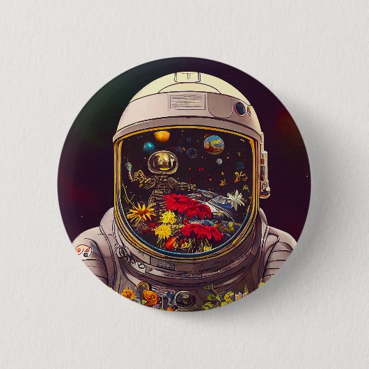 Farbenfroher Astronaut im Weltraum mit Blume Kunst Button (Vorderseite)