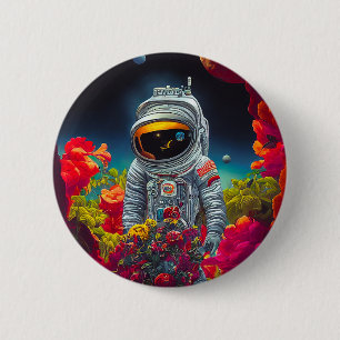 Farbenfroher Astronaut im Weltraum mit Blume Kunst Button