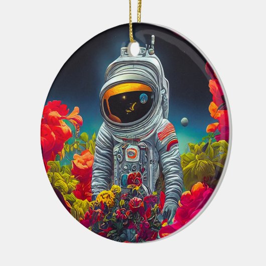 Farbenfroher Astronaut im Weltraum mit Blume Kunst Keramik Ornament (Links)
