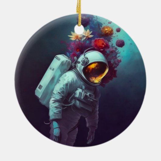 Farbenfroher Astronaut im Weltraum mit Blume Kunst Keramik Ornament (Hinten)