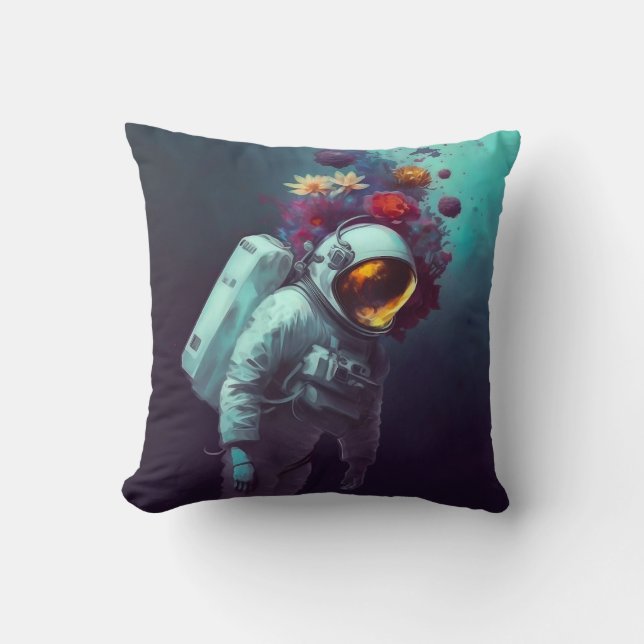 Farbenfroher Astronaut im Weltraum mit Blume Kunst Kissen (Vorderseite)