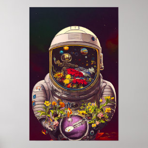 Farbenfroher Astronaut im Weltraum mit Blume Kunst Poster