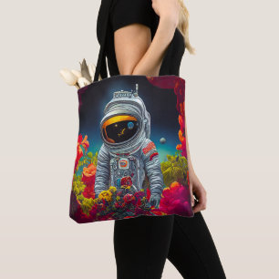 Farbenfroher Astronaut im Weltraum mit Blume Kunst Tasche