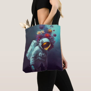 Farbenfroher Astronaut im Weltraum mit Blume Kunst Tasche
