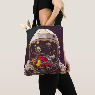Farbenfroher Astronaut im Weltraum mit Blume Kunst Tasche
