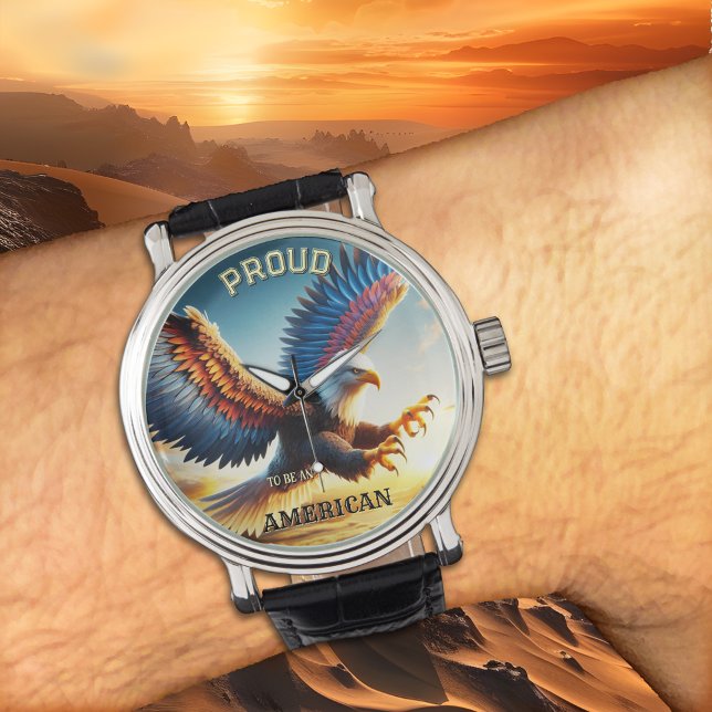 Farbenfroher Bald Eagle Classic Patriot Armbanduhr (Watch featuring a colorful painting of a landing bald eagle with spread wings - patriot gift)