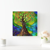 Farbenfroher Baum aus festem Glas - Look II Quadratische Wanduhr (Zuhause)