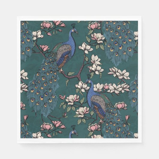 Farbenfroher Blaupfau und Magnolien Aquamarin Serviette (Vorderseite)