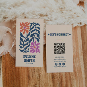 Farbenfroher Blue Pink QR Code Groovy Floral Einzi Visitenkarte