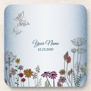 Farbenfroher Blumen Garten Blau Glitter Hochzeitsf Getränkeuntersetzer