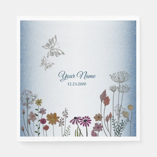 Farbenfroher Blumen Garten Blau Glitter Hochzeitsf Serviette (Vorderseite)